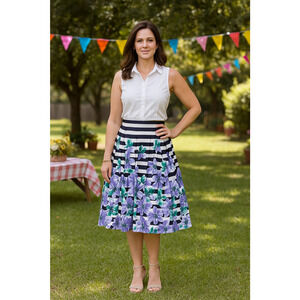 Talbots Black Striped Floral Pleated Midi Skirt Womens Size 8 Feminine Event